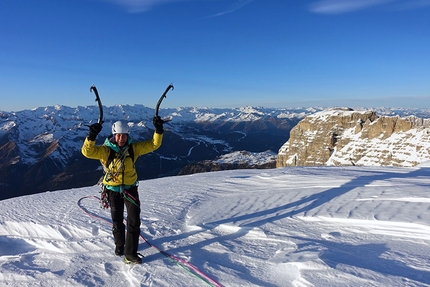 Cima Tosa, Brenta Dolomites, Ines Papert, Luka Lindič - Ines Papert on the summit of Cima Tosa (Brenta Dolomites) on 01/01/2019 after having made the first repeat of Selvaggia sorte with Luka Lindič