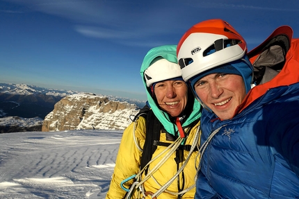 Cima Tosa, Brenta Dolomites, Ines Papert, Luka Lindič - Ines Papert and Luka Lindič on the summit of Cima Tosa (Brenta Dolomites) on 01/01/2019 after having made the first repeat of Selvaggia sorte