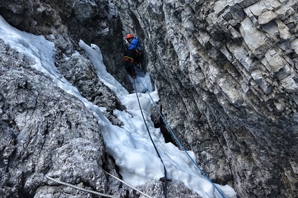 Cima Tosa, Brenta Dolomites, Luka Lindič, Fabian Buhl - Fabian Buhl making the first ascent of Sau hladno! up Cima Tosa, Brenta Dolomites