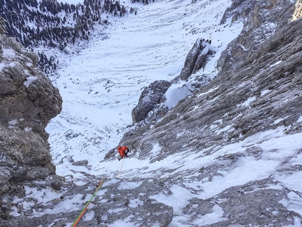 Peitlerkofel, Dolomites, Simon Gietl, Mark Oberlechner - Simon Gietl making the first ascent of Kalipe, Peitlerkofel, Dolomites with Mark Oberlechner on 26/01/2019