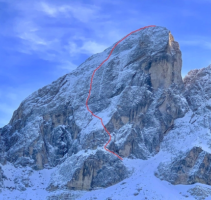 Peitlerkofel, Dolomites, Simon Gietl, Mark Oberlechner - The route line of Kalipe up the North Face of Peitlerkofel, Dolomites (Simon Gietl, Mark Oberlechner 26/01/2019)