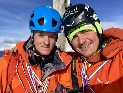 Peitlerkofel, Dolomites, Simon Gietl, Mark Oberlechner - Mark Oberlechner and Simon Gietl on the summit of Peitlerkofel, Dolomites on 26/01/2019 after having made the first ascent of Kalipe up the mountain's North Face
