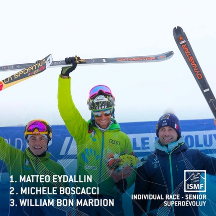 Coppa del Mondo di Scialpinismo 2019 - La terza tappa della Coppa del Mondo di Scialpinismo 2019 a Le Dévoluy: Individual. 2. Michele Boscacci (ITA) 1. Matteo Eydallin (ITA) 3. William Bon Mardion (FRA)