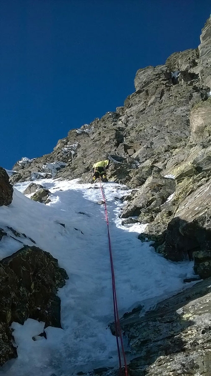 Pizzo Porola, Orobic Alps, Marco Birolini, Ennio Spiranelli - Making the first ascent of 80 Primavere, Pizzo Porola east face (Marco Birolini, Ennio Spiranelli 25/01/2019)