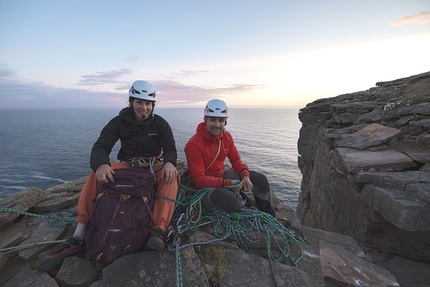 Old Man Of Hoy - Jesse Dufton and Molly Thompson on the summit of The Old Man of Hoy, Orkney Islands, Scotland