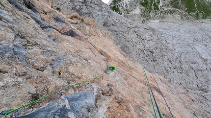 Langkofel Dolomites - Langkofel, Dolomites: making the first ascent of Parole Sante up the north face (Aaron Moroder, Titus Prinoth, Matteo Vinatzer 1050m, VIII/A1)