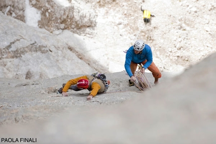 Menhir - Sass dla Crusc - Nicola Tondini during the first free ascent of Menhir, Pilastro di Mezzo, Sass dla Crusc, Dolomites