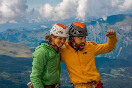 Eiger Merci La Vie - Nina Caprez and Sean Villanueva after the first ascent of Merci La Vie, Eiger