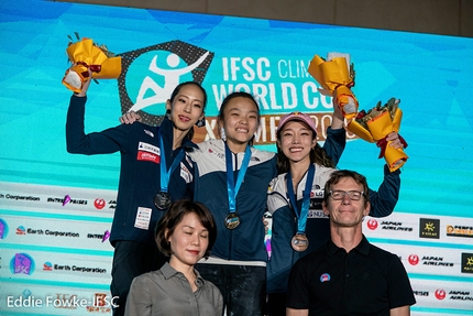 Coppa del Mondo Arrampicata Lead 2019 - 2. Akiyo Noguchi 1. Chaehyun Seo  3. Jain Kim, podio femminle a Xiamen, Coppa del Mondo Arrampicata Lead 2019