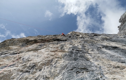 Alex Huber, Wilder Kaiser - Alex Huber and Guido Unterwurzacher making the first ascent of Koasabluad on Wilder Kaiser, Austria