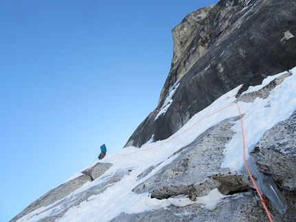 Tengkangpoche Nepal, Juho Knuuttila, Quentin Roberts - Tengkangpoche North Pillar attempt, Quentin Roberts at the high point reached with Juho Knuuttila. Looking up the steep end of the pillar and blank slabs (11-16/10/2019)