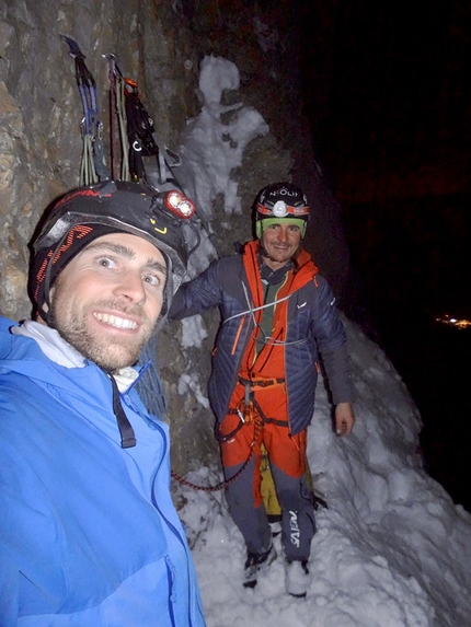 Pordoi Dolomites, Simon Gietl, Vittorio Messini - Vittorio Messini and Simon Gietl at the bivouac while establishing Pandora on Pordoi, Dolomites