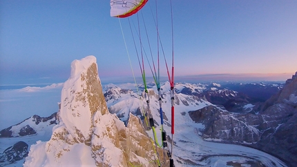 Fabian Buhl Cerro Torre paraglider - Fabian Buhl paragliding off the summit of Cerro Torre in Patagonia early on 7 February 2020