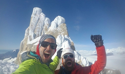 Nicolas Favresse, Sean Villanueva, Cerro Standhardt, Patagonia - Nico Favresse and Sean Villanueva celebrating on the summit on Cerro Standhardt in Patagonia after having made the first ascent of making the first ascent of El Flechazo, 02/2020