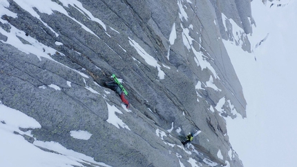 Aiguille du Peigne, Mont Blanc - Yannick Boissenot and Julien Herry ascending the first two pitches of the Contamine Vaucher prior to making the first descent of the Boeuf - Sara couloir on Aiguille du Peigne, Mont Blanc on 09/02/2020