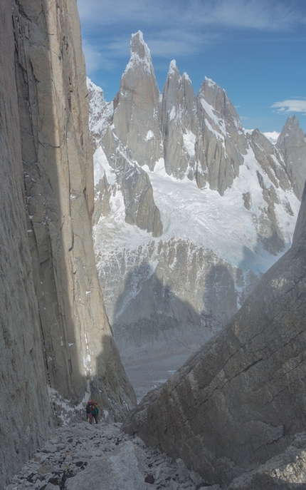 Nicolas Favresse, Sean Villanueva, Aguja Poincenot, Patagonia - Nico Favresse and Sean Villanueva making the first repeat and first free ascent of Historia interminable on Aguja Poincenot in Patagonia