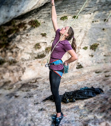 Eline Le Menestrel - Eline Le Menestrel at the start of Chouca 8a+ at Buoux. 'Chouca kicks in straight away. I have to stand on tiptoes to grab a two-finger pocket and lock off to the next hold. It’s almost like doing a one-arm pull up'