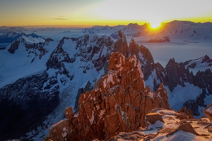 Fitz Roy Patagonia, Raphaela Haug - Sunrise over Cerro Torre in Patagonia, seen from the summit of Fitz Roy