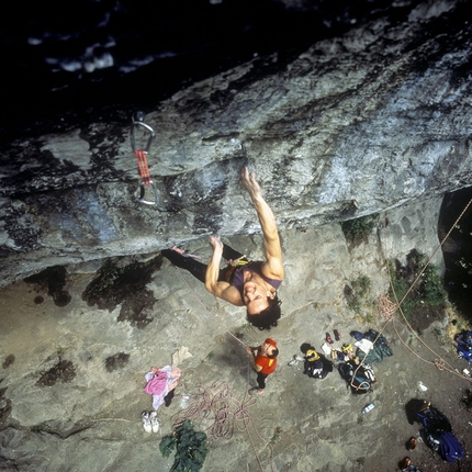 Ben Moon - Ben Moon making the first ascent of Hubble at Raven Tor, England, in 1990: the world's first 8c+, possibly even the world's first 9a