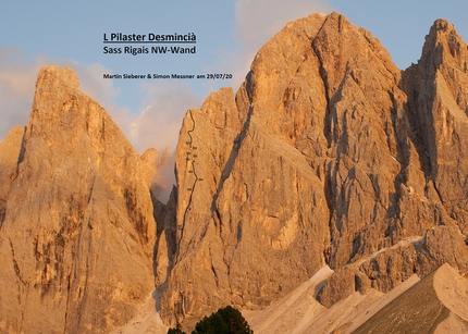 Geislerspitzen, Sass Rigais, Dolomites, Simon Messner, Martin Sieberer - L Pilaster Desmincià on Sass Rigais, Geislerspitzen, Dolomites, first ascended by Simon Messner and Martin Sieberer