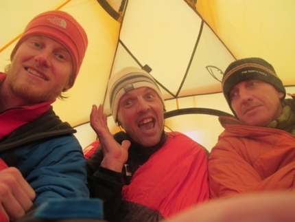 Gasherbrum II - Winter 2011 - Cory Richards, Simone Moro and Denis Urubko at Base Camp of Gasherbrum II in winter