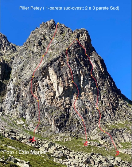 Pilier Petey, Crête Sèche, Valle d’Aosta - Pilier Petey alla Crête Sèche in Valle d’Aosta con le vie: 1. Bebi-Rebi 2. Via Prince Robert 3. Via Noah