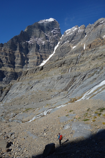 Mount Robson, Emperor Face, Canada, Ethan Berman, Uisdean Hawthorn - Uisdean Hawthorn only half way down on the descent off Mount Robson having made the first ascent of Running in the Shadows on the Emperor Face