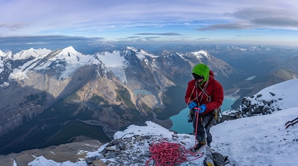 Mount Robson, Emperor Face, Canada, Ethan Berman, Uisdean Hawthorn - Ethan Berman at the bivi site on the morning of day two while making the first ascent of Running in the Shadows on the Emperor Face on Mount Robson, Canada