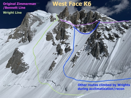K6 Central, Pakistan, Priti Wright, Jeff Wright - The West Face of K6 in Pakistan and the lines climbed by Graham Zimmerman and Scott Bennett in 2015 and Priti Wright and Jeff Wright in 2020