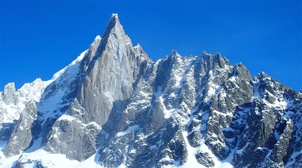 Drus West Face, Mont Blanc - The West Dace of the Drus in the Mont Blanc massif, France, where currently the French mountaineers Thomas Auvaro, Léo Billon, Jordi Noguere and Sébastien Ratel are establishing a new route