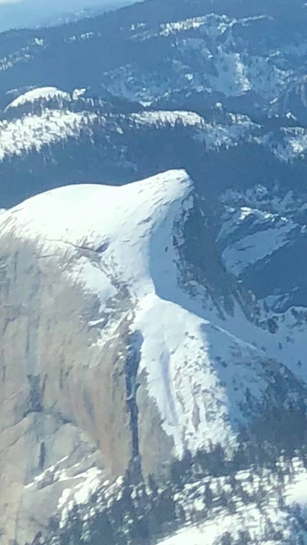 Half Dome, Yosemite, Zach Milligan, Jason Torlano - Half Dome in winter, photographed from a plane by Jason Torlano before his ski descent with Zach Milligan