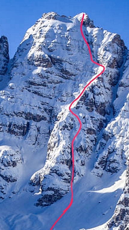 Aldo Valmassoi, Cristallo di Mezzo, Dolomites - Cristallo di Mezzo in the Dolomites and the line first skied by Aldo Valmassoi