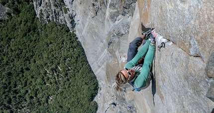 Brittany Goris, Salathé Wall, El Capitan, Yosemite - Brittany Goris climbing the headwall of Salathé Wall, El Capitan, Yosemite in May 2020.