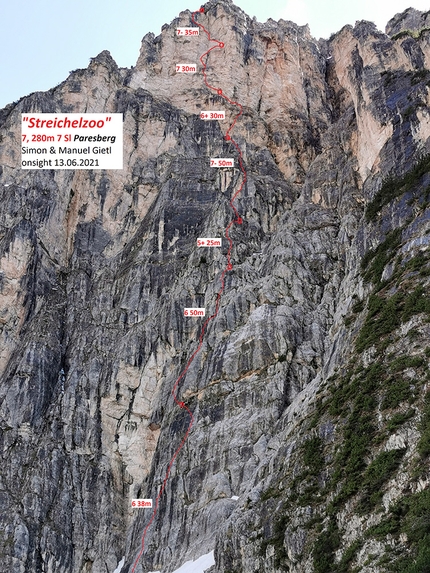 Streichelzoo, Cima Pares, Dolomites, Manuel Gietl, Simon Gietl - Streichelzoo on Cima Pares, Dolomites first ascended by Manuel Gietl and Simon Gietl on 13/06/2021