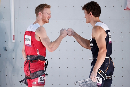 Sport climbing Tokyo 2020 - Jakob Schubert of Austria and Nathaniel Coleman of the USA at the Tokyo 2020 men's Combined final.
