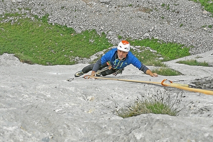 Bepino, Cima Uomo, Brenta Dolomites, Rolando Larcher, Michele Cagol - Michele Cagol climbing pitch 2 of Bepino on Cima Uomo (Brenta Dolomites)