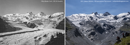 Bernina, Sulle tracce dei ghiacciai, Fabiano Ventura - Ripetizione di un'mmagine storica del 1906, del fotografo Alfredo Corti, del ghiacciaio di Roseg.