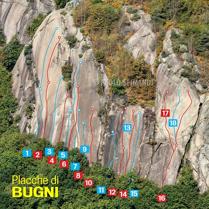 Placche di Bugni, Valle dell’Orco, Vallone di Piantonetto - Placche di Bugni e i tracciati delle vie d'arrampicata - Piantonetto, Valle dell’Orco.