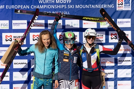 Ski Mountaineering European Championships 2022 Boí Taüll, Vall de Boí, Spain - 2. Tove Alexandersson (SWE) 1. Marianna Jagercikova (SVK) 3. Emily Harrop (FRA) . Ski Mountaineering European Championships: Sprint