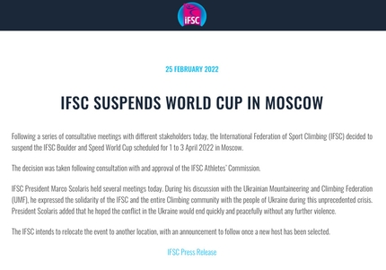 L'IFSC sospende la Coppa del Mondo Boulder e Speed di Mosca