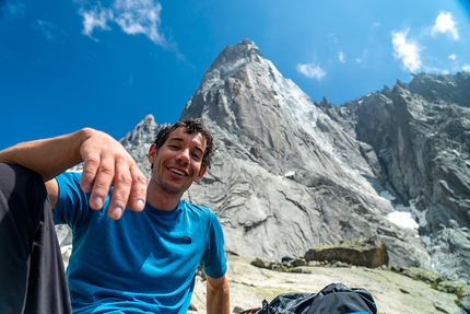 Alex Honnold, The Soloist VR - Alex Honnold below the towering Petit Dru, in the Mont Blanc massif