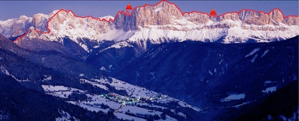 Simon Gietl, Catinaccio, Dolomiti - Il Catinaccio nelle Dolomiti e la traversata effettuata, per la prima volta, da Simon Gietl, perlopiù da solo ed in inverno.