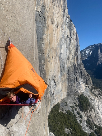 Sébastien Berthe, Dawn Wall, El Capitan, Yosemite - Seb Berthe resting in his portaledge, while attempting to free climb the Dawn Wall on El Capitan, Yosemite, spring 2022