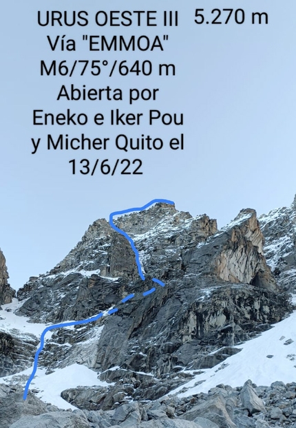 Perù, Eneko Pou, Iker Pou, Micher Quit - Emmoa (M6/75°/640m) su Urus Oeste III in Perù (Eneko Pou, Iker Pou, Micher Quit)