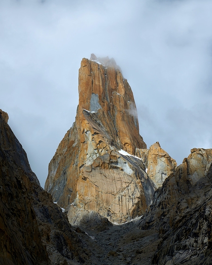 Eternal Flame, Nameless Tower, Trango Tower, Pakistan, Barbara Zangerl, Jacopo Larcher - The magnificent The West Face of Nameless Tower, also referred to as Trango Tower, Karakorum, Pakistan. Eternal Flame runs up the right skyline of the tower, which is actually its south buttress, and was first ascended in 1989 by Kurt Albert, Wolfgang Güllich, Christof Stiegler and Milan Sykora. The first ascent of Trango Tower was carried out in 1976 by Mo Anthoine, Martin Boysen, Joe Brown and Malcolm Howells.