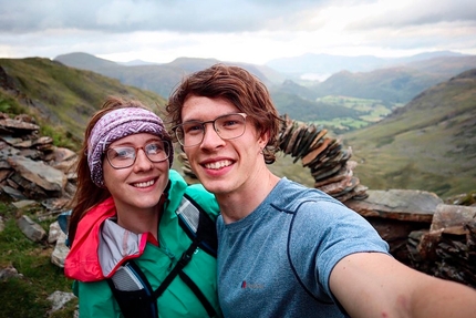 Anna Taylor, Mountain Rock Tour, UK - Anna Taylor and Mathew Wright at the top of Corvus in Borrowdale, Lake District, during the Mountain Rock Tour, UK, summer 2022