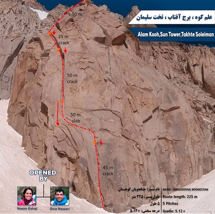 Iran, climbing, Alam Kooh, Mountain Warriors, Nasim Eshqi, Sina Heidari - The route Mountain Warriors on Sun Tower at Alam Kooh in Iran (Nasim Eshqi, Sina Heidari summer 2022)