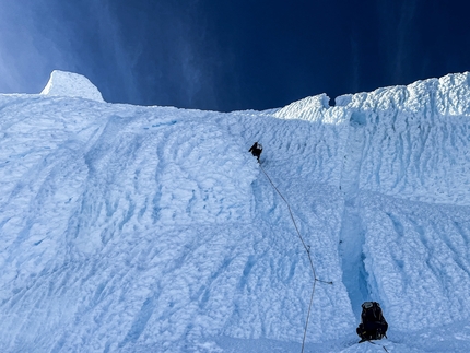 Cerro Arenales, Patagonia, Rebeca Cáceres, Nadine Lehner, Isidora Llarena - Cerro Arenales, Patagonia: Isidora Llarena climbs a beautiful pitch of alpine ice on our first attempt of Cerro Arenales