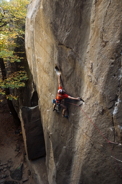 James Pearson, Bon Voyage, Annot, France - James Pearson climbing his Bon Voyage at Annot in France, February 2023. 'Bon Voyage follows a diagonal layer of bullet hard sandstone dotted with tiny pockets... a true miracle of Mother Nature and a reminder why all the years of searching were worth it.'