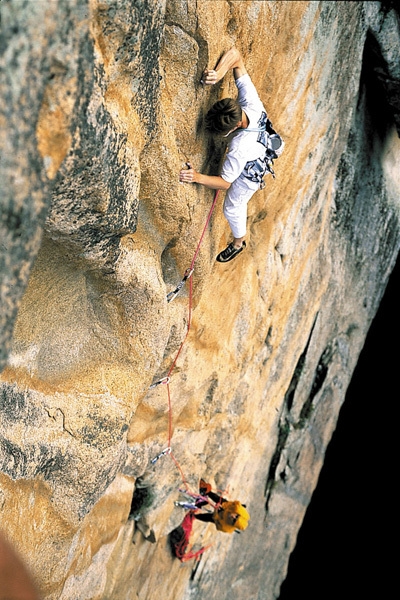 Delicatessen, Corsica - Arnaud Petit climbing the 7c+ second pitch during the first free ascent in 2001.